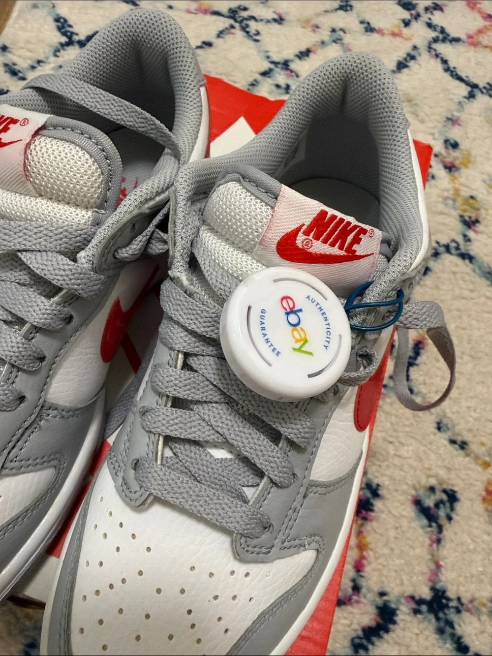 Nike Kids Dunk Low — White and Gray with Red Swoosh